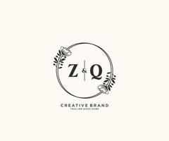 initial ZQ letters hand drawn feminine and floral botanical logo suitable for spa salon skin hair beauty boutique and cosmetic company. vector