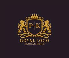Initial PK Letter Lion Royal Luxury Logo template in vector art for Restaurant, Royalty, Boutique, Cafe, Hotel, Heraldic, Jewelry, Fashion and other vector illustration.