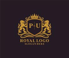 Initial PU Letter Lion Royal Luxury Logo template in vector art for Restaurant, Royalty, Boutique, Cafe, Hotel, Heraldic, Jewelry, Fashion and other vector illustration.