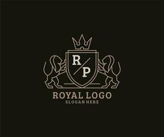 Initial RP Letter Lion Royal Luxury Logo template in vector art for Restaurant, Royalty, Boutique, Cafe, Hotel, Heraldic, Jewelry, Fashion and other vector illustration.
