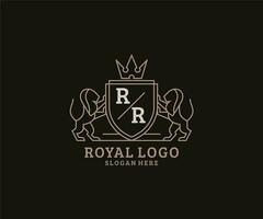 Initial RR Letter Lion Royal Luxury Logo template in vector art for Restaurant, Royalty, Boutique, Cafe, Hotel, Heraldic, Jewelry, Fashion and other vector illustration.