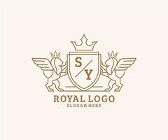 Initial SY Letter Lion Royal Luxury Heraldic,Crest Logo template in vector art for Restaurant, Royalty, Boutique, Cafe, Hotel, Heraldic, Jewelry, Fashion and other vector illustration.
