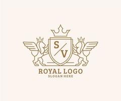 Initial SV Letter Lion Royal Luxury Heraldic,Crest Logo template in vector art for Restaurant, Royalty, Boutique, Cafe, Hotel, Heraldic, Jewelry, Fashion and other vector illustration.