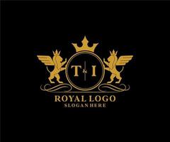 Initial TI Letter Lion Royal Luxury Heraldic,Crest Logo template in vector art for Restaurant, Royalty, Boutique, Cafe, Hotel, Heraldic, Jewelry, Fashion and other vector illustration.