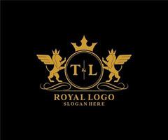 Initial TL Letter Lion Royal Luxury Heraldic,Crest Logo template in vector art for Restaurant, Royalty, Boutique, Cafe, Hotel, Heraldic, Jewelry, Fashion and other vector illustration.