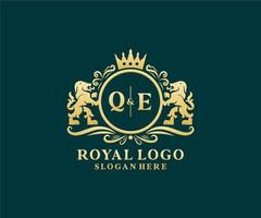 Initial QE Letter Lion Royal Luxury Logo template in vector art for Restaurant, Royalty, Boutique, Cafe, Hotel, Heraldic, Jewelry, Fashion and other vector illustration.
