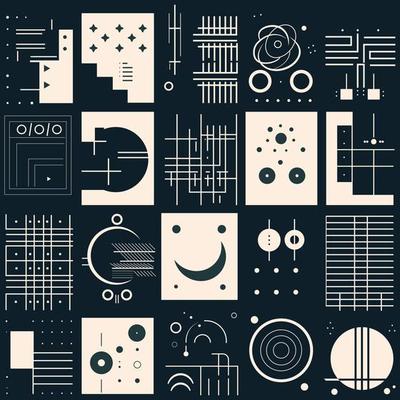 Abstract background elements for branding, packaging, printing, and social media posts created out of futuristic shapes, geometric figures, and stars in a basic