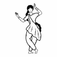 Beautiful woman from India is dancing traditional dance. Vector doodle illustration.