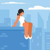 Girl In White Dress Sitting On The Edge Of The Building vector