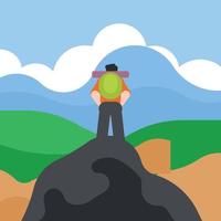 Man With Backpack Standing On The Top Of The Mountain vector