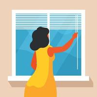 el mujer abre el plegable cortinas vector