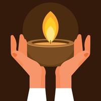 Hands Holding A Lit Candle In A Wooden Pot vector