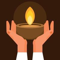 Hands Holding A Lit Candle In A Wooden Pot vector