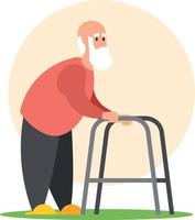 Gray-Bearded Old Man Walks With The Help Of A Walker vector