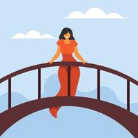 A Girl In A Long Dress Is Standing On The Bridge vector