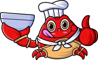 the mascot character of a cute crab works as a professional chef was carrying a bowl of soup and giving a thumbs up vector