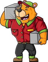 the character of a big tiger wears a worker's uniform costume working as a package delivery worker vector