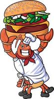 the mascot character of a lobster works as a professional chef posing with a big and delicious hamburger vector