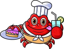 the mascot character of a cute crab works as a professional chef was carrying a plate of cakes and fresh drinks vector