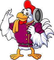 a rooster is a professional chef carrying a frying pan to demonstrate how to cook vector