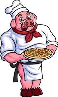 a chubby cartoon pig working as a professional chef, carrying a large pizza on a plate vector