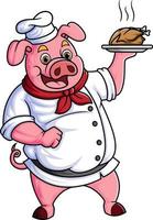 a chubby cartoon pig working as a professional chef, carrying a plate of fried chicken vector