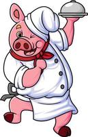 a chubby cartoon pig working as a professional chef, feeling happy and dancing while carrying an iron plate vector