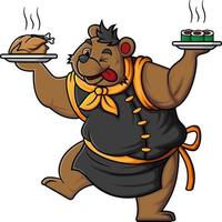 bear cartoon character wearing professional chef clothes carrying plate with traditional japanese food and fried chicken vector