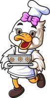 cute baby duck cartoon character wearing chef clothes and carrying big hot bowl of soup vector