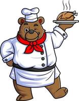 big bear cartoon character wearing chef clothes and cook hat carrying big fried chicken vector