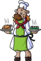 a cartoon sheep working as a chef, carrying two plates of food vector