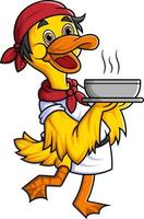 cute duck cartoon character is a professional chef and carries a big bowl of soup vector