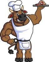 character of a big bull working as a professional chef carrying a plate of grilled chicken vector