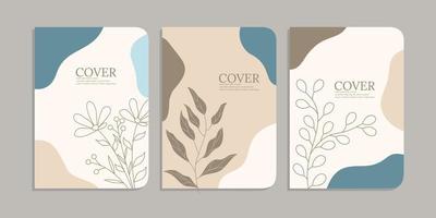 set of book cover designs with hand drawn floral decorations. abstract boho botanical background A4 size pastel blue color For book, binder, diary, planner, brochure, notebook, catalog vector