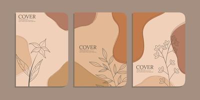 set of book cover designs with hand drawn floral decorations. abstract boho botanical background A4 size pastel blue color For book, binder, diary, planner, brochure, notebook, catalog vector