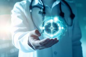 Doctor hold icon health and electronic medical record on interface digital healthcare and network, photo