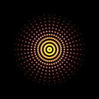Beautiful yellow and red sunburst dotted spiral vortex symbol isolated on a black background. Star burst swirl pattern dots logo icon vector template.