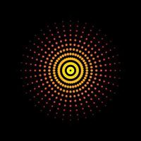 Beautiful yellow and red sunburst dotted spiral vortex symbol isolated on a black background. Star burst swirl pattern dots logo icon vector template.