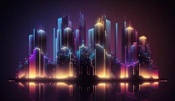 Neon mega city capital towers with futuristic technology background, future modern building virtual reality, night life style concept, digital design, digital technology scene with . photo