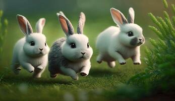 Cute little rabbits running on grass field yard in the morning with sunlight, enjoy lovely and happiness, bunny in fresh environment spring seasons, with . photo