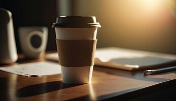 café papel taza de Mañana caliente café para tomar lejos en mesa desde café tienda pizca luz de sol, calma y relajarse café, relajación tiempo, caliente bebida, con generativo ai. foto