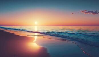 verano vacaciones, tropical playa con azul cielo y mar para relajación, panorámico playa fondo, verano fiesta con hermosa naturaleza arena, luz de sol, Oceano agua con generativo ai. foto