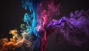 Abstract colorful of smoke background, neon light through smoke or fog, lighting in the dark scene, multi colored of cloud, mist, or smog, night backdrop for mock up, with . photo