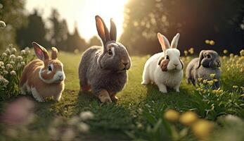 Cute little rabbits running on grass field yard in the morning with sunlight, enjoy lovely and happiness, bunny in fresh environment spring seasons, with . photo