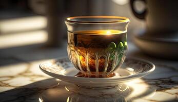 Morning Coffee in modern cup on marble table with flowers in spring season and sunlight, calm and relax coffee, relaxation time, hot beverage, with . photo