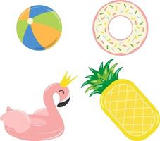 Flamingo and donut shaped inflatable pool ring, pineapple shaped inflatable mattress, water play ball. Summer elements vector