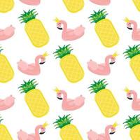 Seamless pattern with summer elements - inflatable circle in the form of a pink flamingo and a mattress in the shape of a pineapple . Summer beach party vector