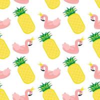 Seamless pattern with summer elements - inflatable circle in the form of a pink flamingo and a mattress in the shape of a pineapple . Summer beach party vector