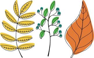 A set of leaves and twigs in the style of doodles. Fallen leaves and a sprig of blueberries vector