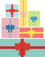 Set of various gift boxes with lush bows. Boxes with surprises for Christmas and New Year vector